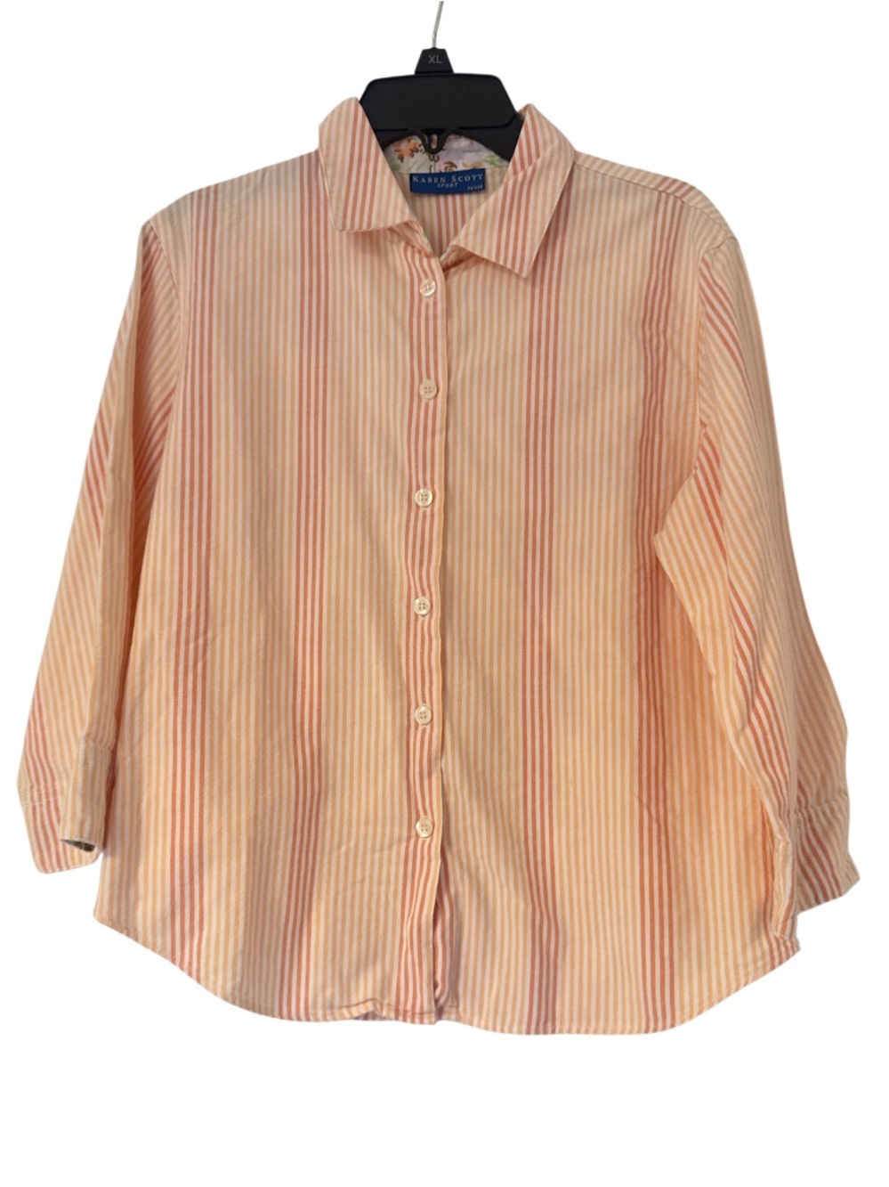 Karen Scott Peach-Striped Button Down Shirt Dainty Preppy - Size PM